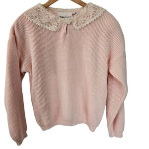 80s Vintage Impromptu Pastel Pink Lace Collar Sweater Womens 36 Large